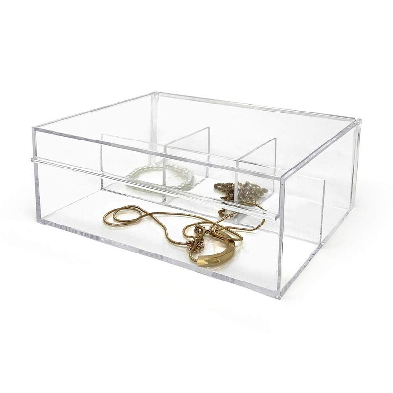 Isaac Jacobs 4-Compartment Clear Acrylic Organizer with Lid (6.7" L x 8.6" W x 3.4" H), Multi-Sectional Tray, Storage Solution for Makeup, School & Office Supplies (3 Small, 1 Large) - Image 3